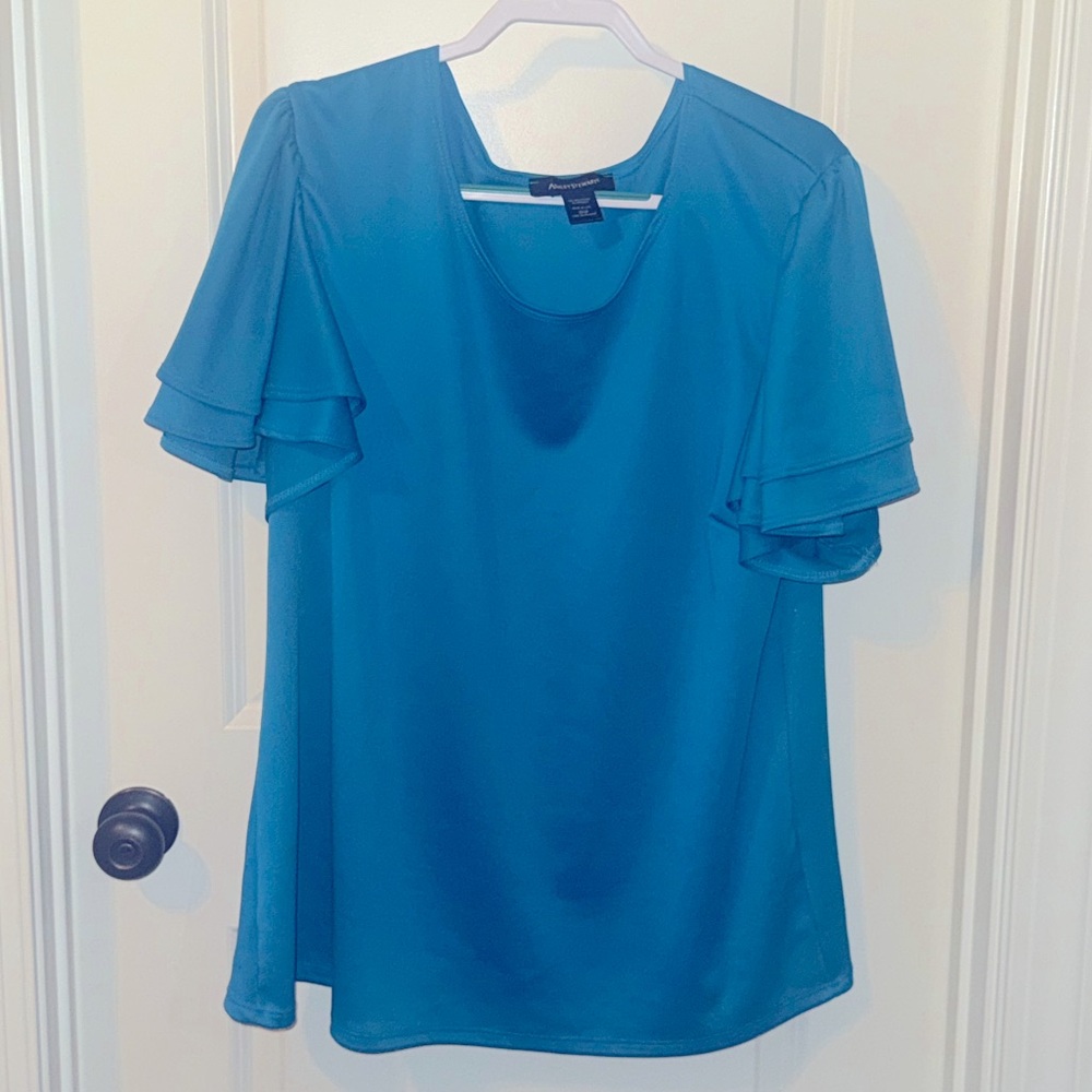 Ashley Stewart Blue Ruffled Short Sleeve Blouse